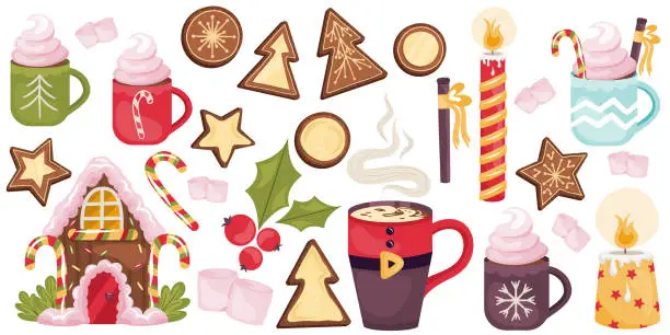 Vector illustration of Christmas set with cocoa drinks, cookies, gingerbread, candy canes.Gingerbread house with caramel and cream, candles and cinnamon. Christmas decor vector illustration