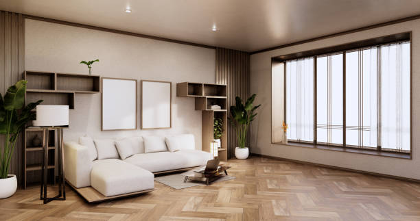 istock Cabinet shelves on wall design room with decoration ,lamp,plants,carpet, sofa.3D rendering 1347315182