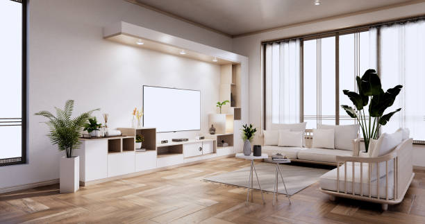 istock Cabinet shelves on wall design room with decoration ,lamp,plants,carpet, sofa.3D rendering 1347315462
