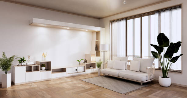 istock Cabinet shelves on wall design room with decoration ,lamp,plants,carpet, sofa.3D rendering 1347315498