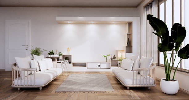 istock Cabinet shelves on wall design room with decoration ,lamp,plants,carpet, sofa.3D rendering 1347315517