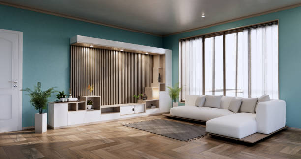 istock Cabinet shelves on mint wall design room with decoration ,lamp,plants,carpet, sofa.3D rendering 1347316039