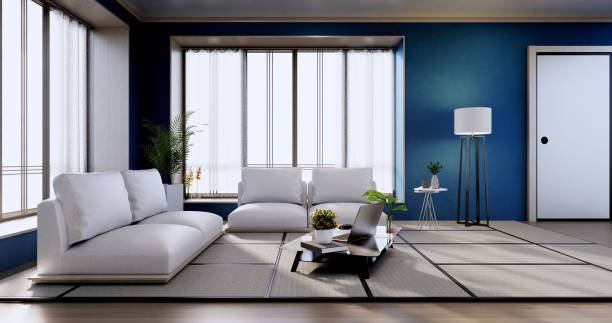 istock interior-design, Blue modern living room Japanese style.3D rendering 1347316187