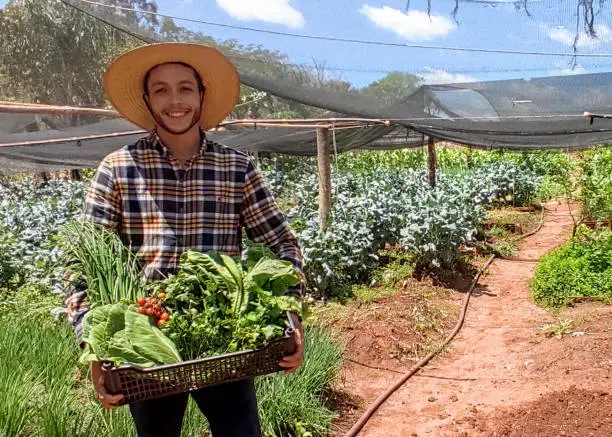 Latin American young farmer sowing the land at a farm - agriculture concepts