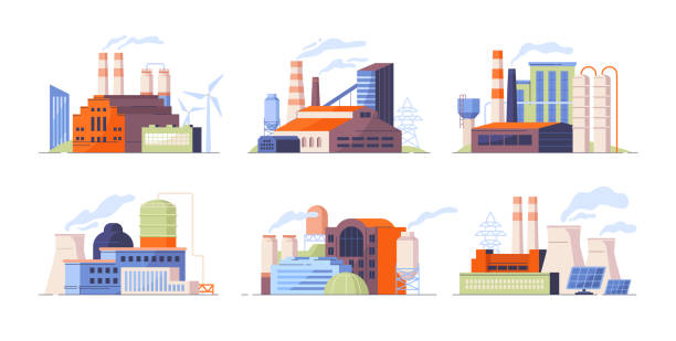 Set of factory buildings Set of factory buildings. Power plants with devices for generating energy. Various ways of obtaining energy resources and electricity. Cartoon flat vector collection isolated on white background factory stock illustrations