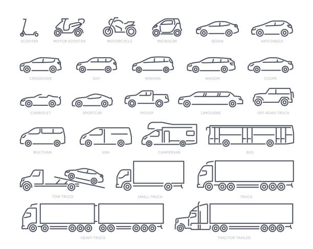Different types of transportation concept Different types of transportation. Set of minimalistic icon with scooter, moped, sedan, convertible and truck. Design elements for websites. Cartoon flat vector collection isolated on white background mini van stock illustrations