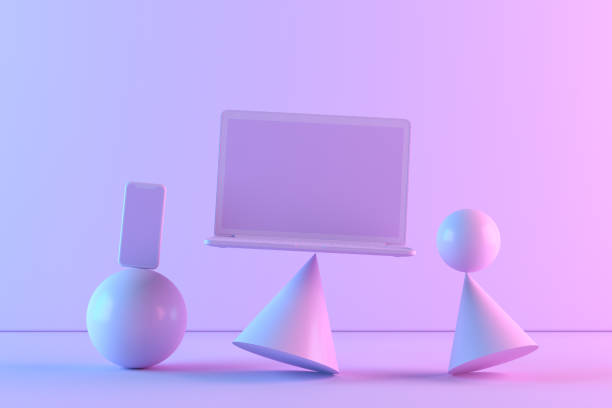 istock Blank screen laptop and mobile smart phone with neon lighting background 1347317965