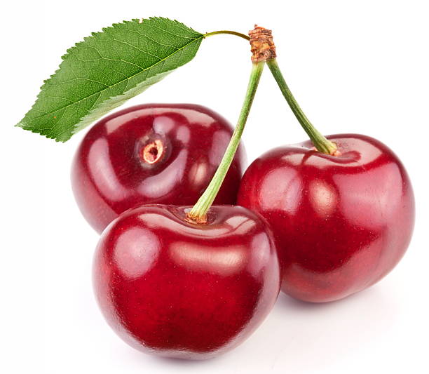 istock Three perfect sweet cherries with the leaf. 134732039