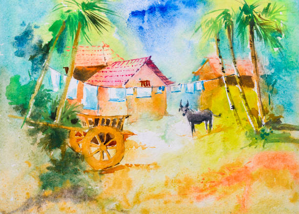 illustrations, cliparts, dessins animés et icônes de aquarelle de village indien lumineux, illustration - paintings canvas cottage painted image