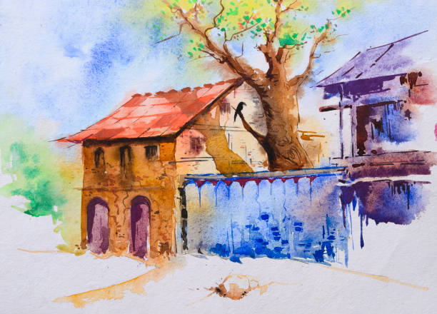 jasny indyjski wiosce akwarela obraz, ilustracja - paintings canvas cottage painted image stock illustrations