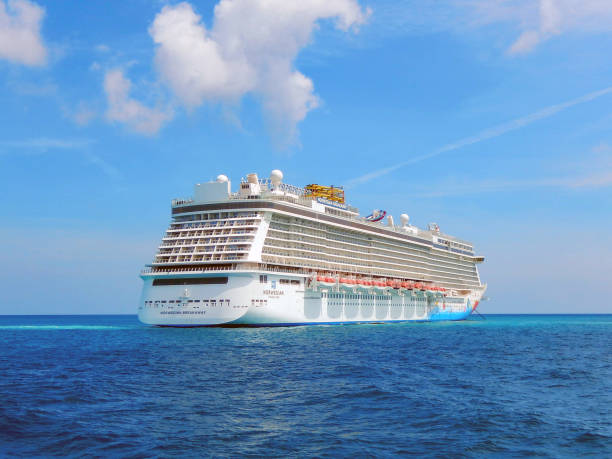 Bahamas, ~Carribbean - April 2017: Cruise ship Norwegian Breakaway at anchor off the coast of the Bahamas.