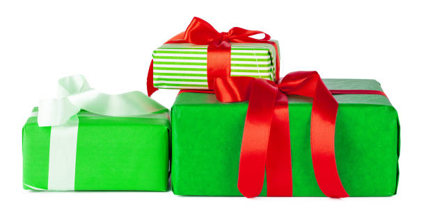 istock Colorful stacked gift boxes isolated on white background 1347323951