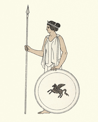 Vintage illustration of Ancient Greek woman with spear and shield, Athena Goddess of War