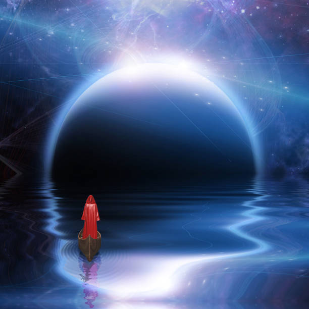 istock Man in red robe floating to blue planet 1347324763