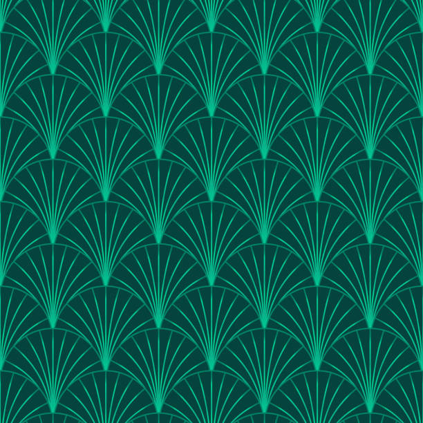 ilustraciones, imágenes clip art, dibujos animados e iconos de stock de elegante diseño de estilo vintage art deco patten con motivos en forma de abanico verde esmeralda oscuro en una repetición de media gota. patrón de repetición vectorial sin costuras para papel tapiz, textil, decoración del hogar, diseño de interiores - image created 1920s