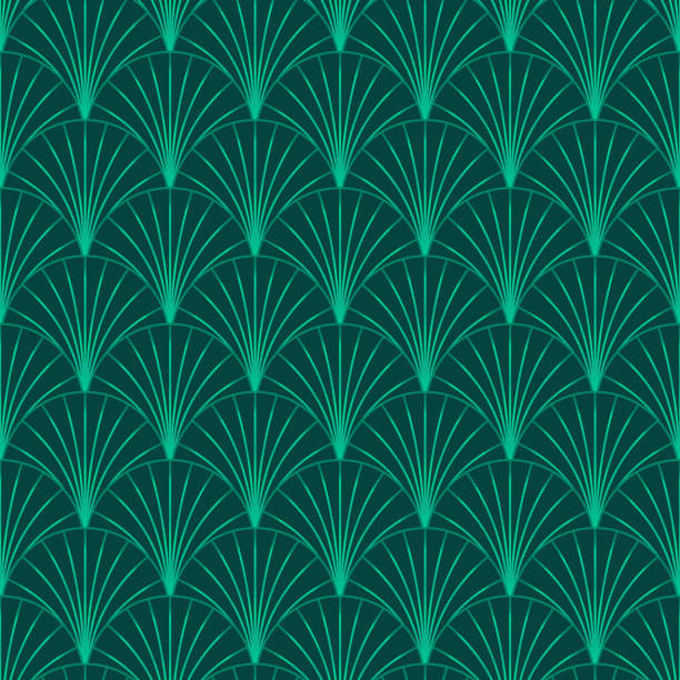 elegancki w stylu art deco vintage patten design z ciemnymi szmaragdowo zielonymi motywami w kształcie wentylatora w powtórzeniu pół kropli. wektorowy bezszwowy wzór powtarzania tapet, tekstyliów, wystroju wnętrz, wystroju wnętrz. - seamless art leaf decor stock illustrations