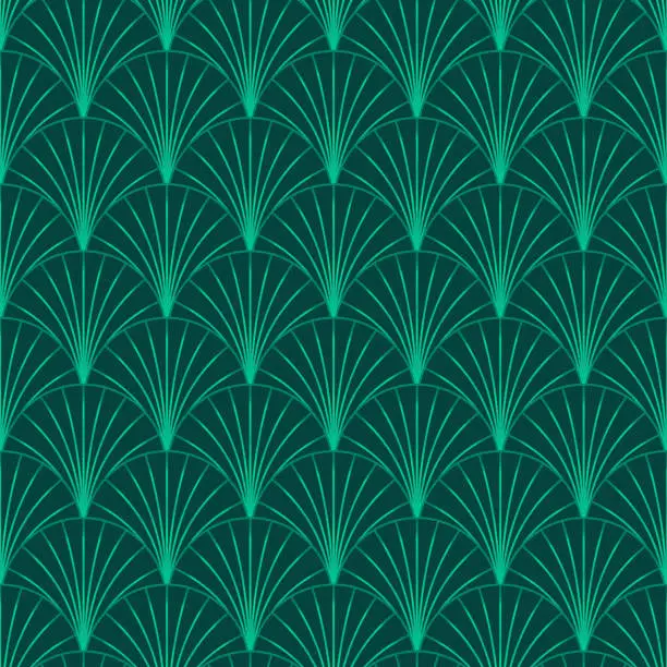 Vector illustration of Elegant Art Deco Vintage Style Patten Design With Dark Emerald Green Fan Shaped Motifs In A Half Drop Repeat. Vector Seamless Repeat Pattern For Wallpaper, Textile, Home Décor, Interior Design.