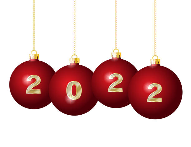 istock Glass Christmas Balls 2022 Hanging on Golden Chains. 1347326855