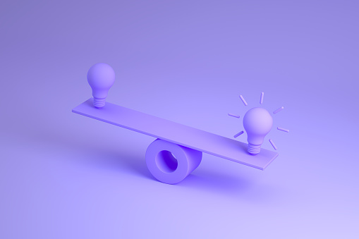 3d render, Light bulb on balance board, new idea background