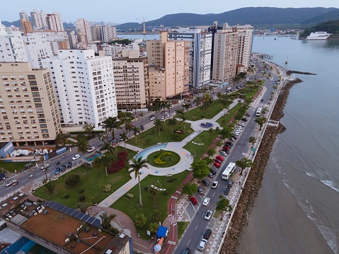 Santos, São Paulo - Brazil - October 13, 2021: Aerial view of Santos  in Ponta da Praia region. Aquarium, square, gardens and fountains, beach promenade and the sea.