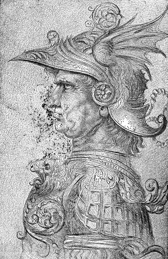 Profile of an Ancient Captain/Profile of a Warrior in Helmet/Antique Warrior in Profile, drawing by Leonardo da Vinci (circa 15th century). Vintage etching circa late 19th century.