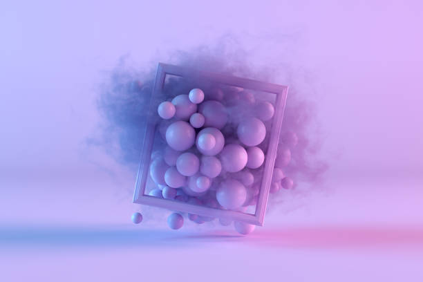 istock Abstract flying spheres with frame and smoke on neon lighting background 1347331341