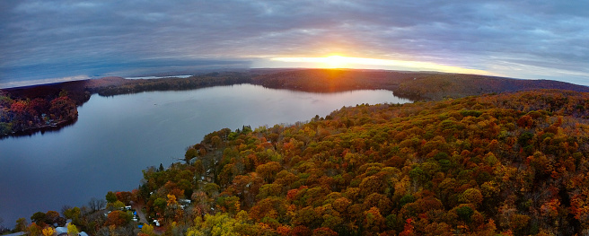 Aerial image taken during sunset over Lake Muskoka. Located near Huntsville and  Bracebridge, Canada.