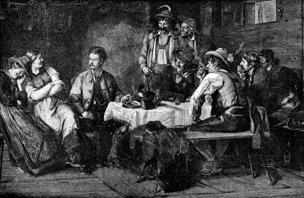 Tyrolean Salon, painting by Franz von Defregger (circa 19th century). Vintage etching circa late 19th century.