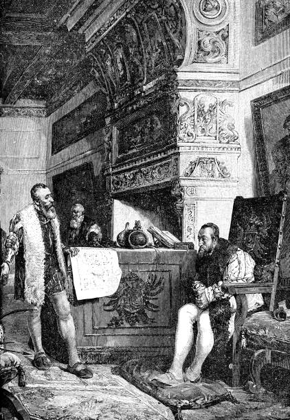 Emperor Charles V Meeting with Francisco Pizarro in Toledo, Painting by Ángel Lizcano Monedero - 19th Century Holy Roman Emperor Charles V meeting with Francisco Pizarro in Toledo, painting by Ángel Lizcano Monedero (circa 19th century). Vintage etching circa late 19th century. francisco pizarro stock illustrations