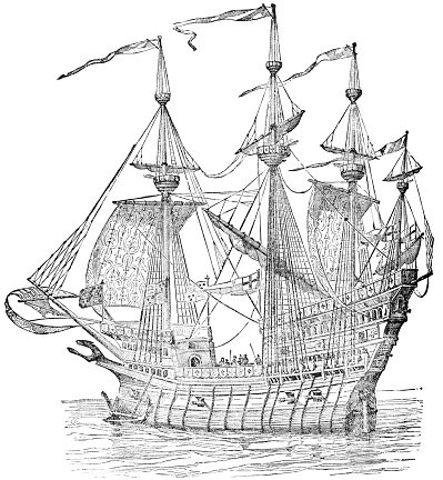Henry Grace à Dieu (Great Harry), the flagship of Henry VIII, King of England’s naval fleet (circa 16th century). Vintage etching circa 19th century.