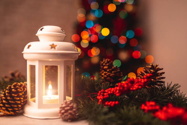 istock Christmas lantern on wooden table 1347332433