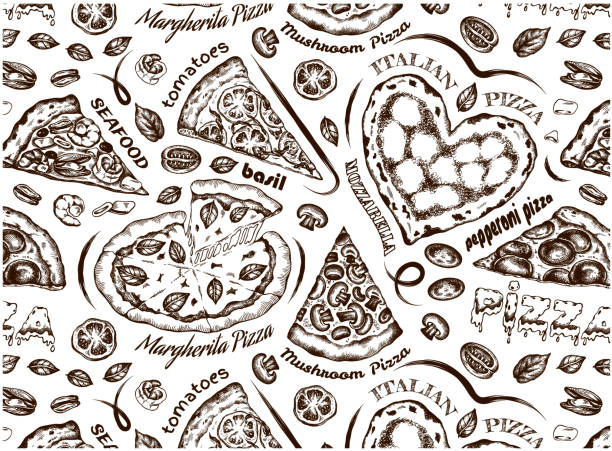 illustrazioni stock, clip art, cartoni animati e icone di tendenza di schizzo disegnato a mano modello di pizza in stile vintage isolato su sfondo bianco. - pizza margherita