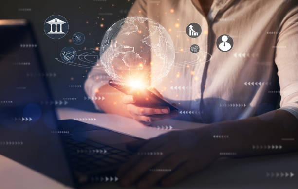 istock Business woman using smart phone with digital global internet connection application technology icons. Big data, digital marketing, financial, banking and link tech concept. 1347339650