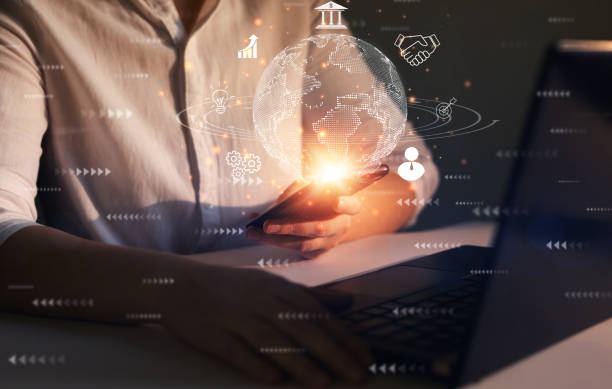 istock Business woman using smart phone with digital global internet connection application technology icons. Big data, digital marketing, financial, banking and link tech concept. 1347339653