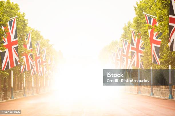 London Street With Union Jack Flags Stock Photo - Download Image Now - Queen - Royal Person, Backgrounds, UK