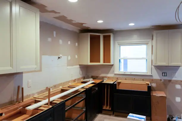 A residential house installing a new kitchen with some of the cabenits put into place but much more work to go.