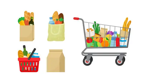 Vector illustration of Grocery bag set. Food basket and market cart. Purchase products, shop and store concept. Cartoon vector illustration