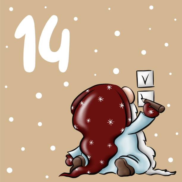 ilustraciones, imágenes clip art, dibujos animados e iconos de stock de día 14 - lindo calendario de adviento con actividades cotidianas de los gnomos. - advent calendar christmas number number 14