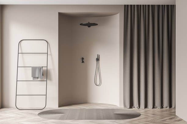 istock Close view on bright bathroom interior with shower, towel 1347344203