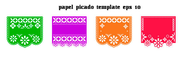 mexikanische papel picado vektorvorlage. design von vier bunten mexikanischen traditionellen kunstvektoren mit leerem text, der als vorlage oder mockup verwendet werden kann. folge 10 - papel picado stock-grafiken, -clipart, -cartoons und -symbole