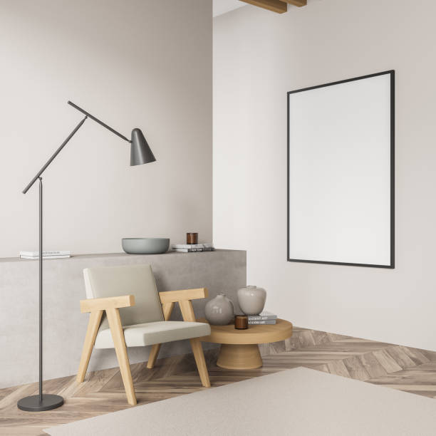 istock Beige living room seating with canvas. Corner view. 1347344951