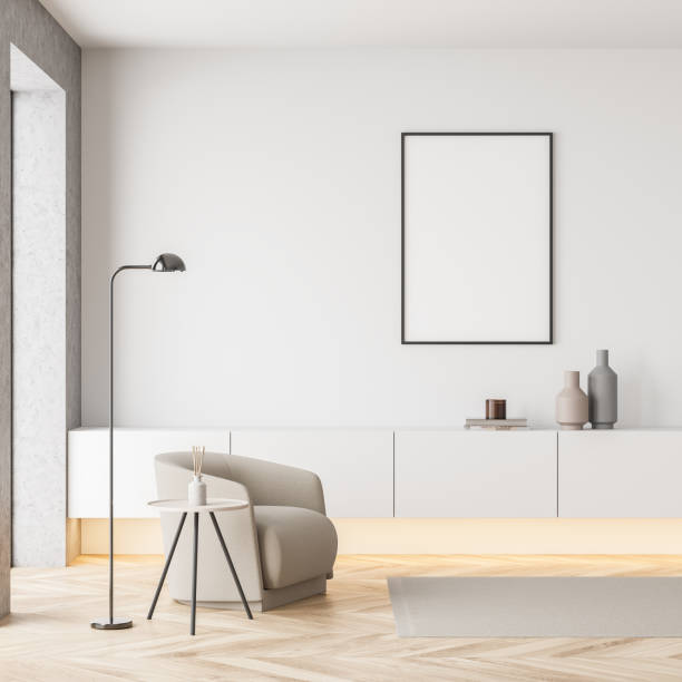 istock Bright living room interior with white empty poster 1347345023