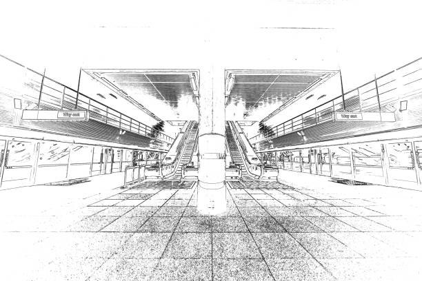 The new Gadigal Metro Station as part of these new Sydney Metro network opened in August 2024. Showing the interior of the station. It's expansive, well-lit spaces are defined by angular, geometric structures and a minimalist aesthetic, creating a sense of order and efficiency