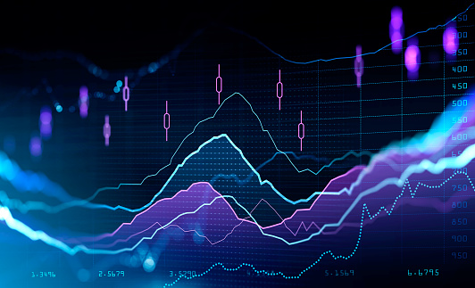 Financial rising graph and chart with lines and numbers that illustrate stock market behaviour. Concept of successful trading. Dark blue background. 3d rendering