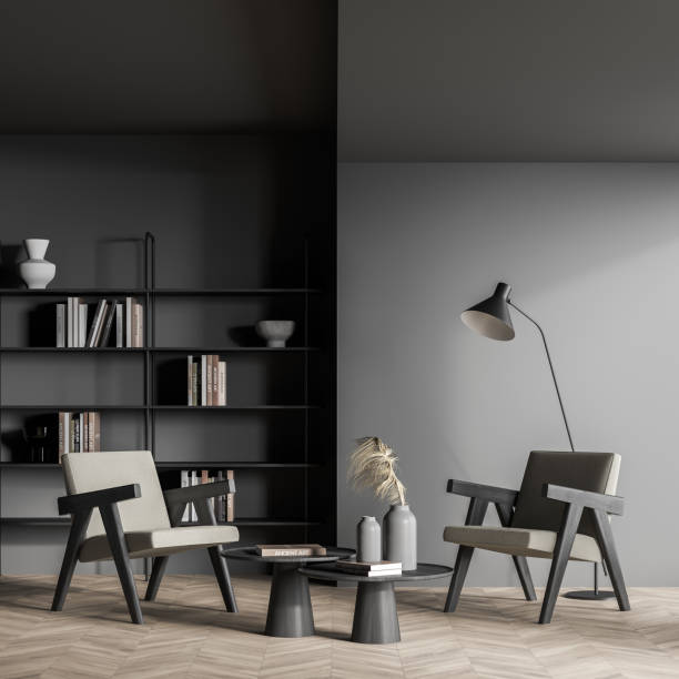 istock Grey living room with shelving and two armchairs 1347345889
