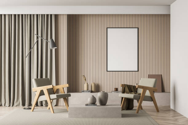 istock Bright living room interior with white empty poster 1347346047