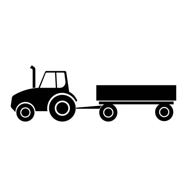 Vector illustration of Tractor with trailer icon. Black silhouette. Side view. Vector flat graphic illustration. The isolated object on a white background. Isolate.