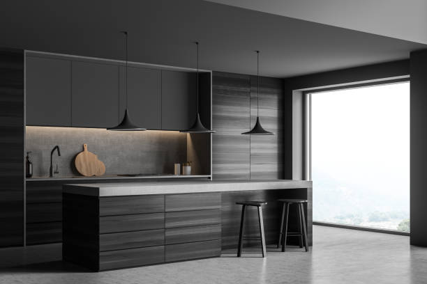 istock Corner view of panoramic grey kitchen interior with breakfast bar table 1347346415