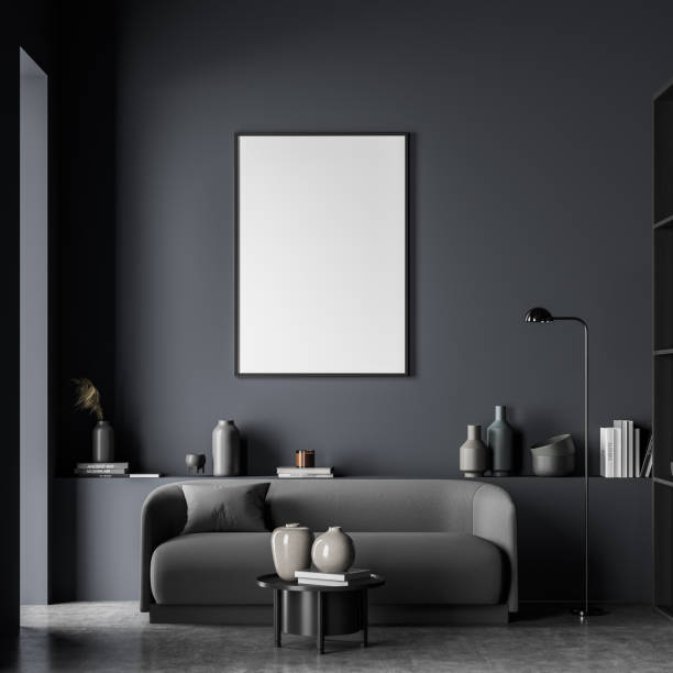 istock Canvas in dark blue and grey living room with a small sofa 1347346505