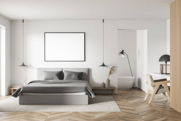 istock Horizontal canvas on white wall of bedroom with background bathtub area 1347346530